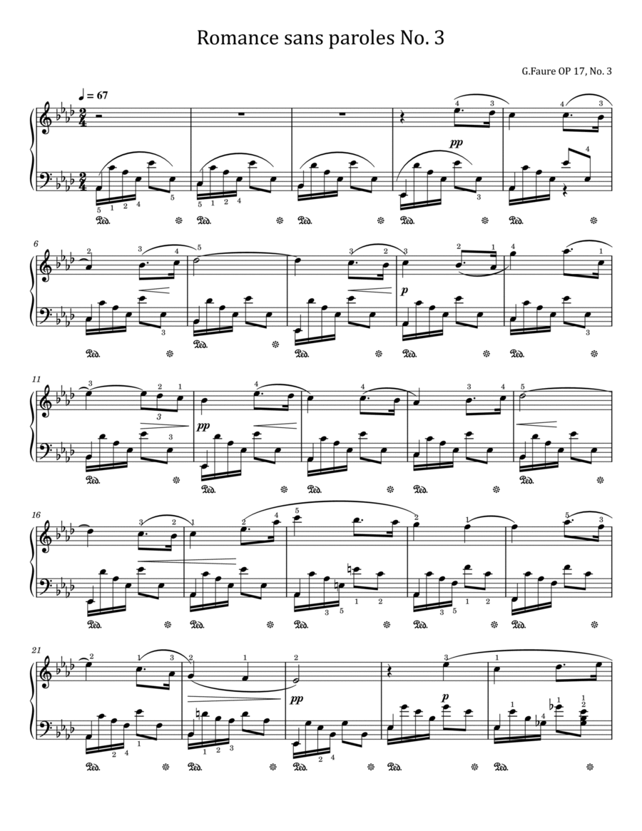 Gabriel Fauré - 3 Romances sans paroles, Op.17 No.3 - in A-Flat Major - Original With Fingered image number null