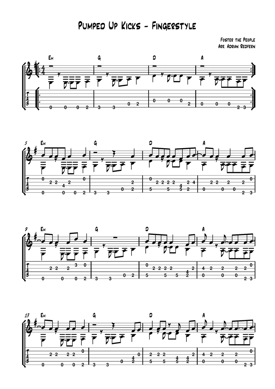 Pumped Up Kicks Guitar Tablature scores gallery preview page 1