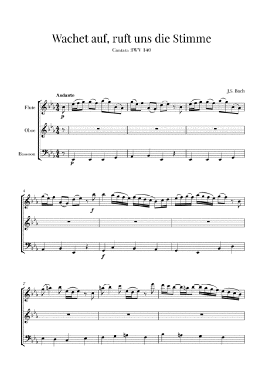 Bach - Wachet auf, ruft uns die Stimme BWV 140 (for Flute, Oboe and Bassoon) Woodwind Trio scores gallery preview page 1