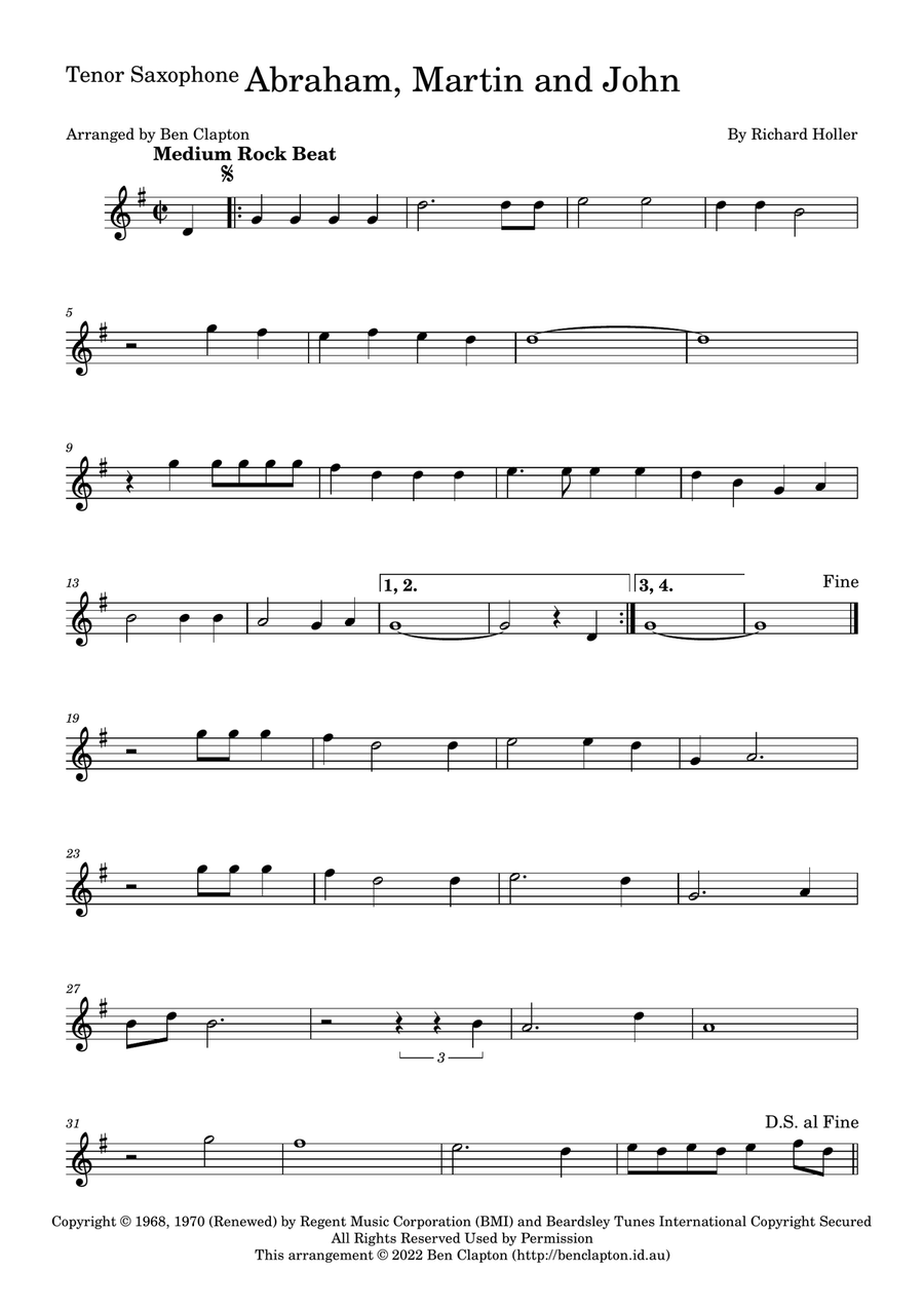 Abraham, Martin And John Tenor Saxophone scores gallery preview page 1