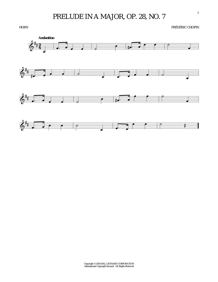 Prelude In A Major, Op. 28, No. 7 Horn Solo scores gallery preview page 1