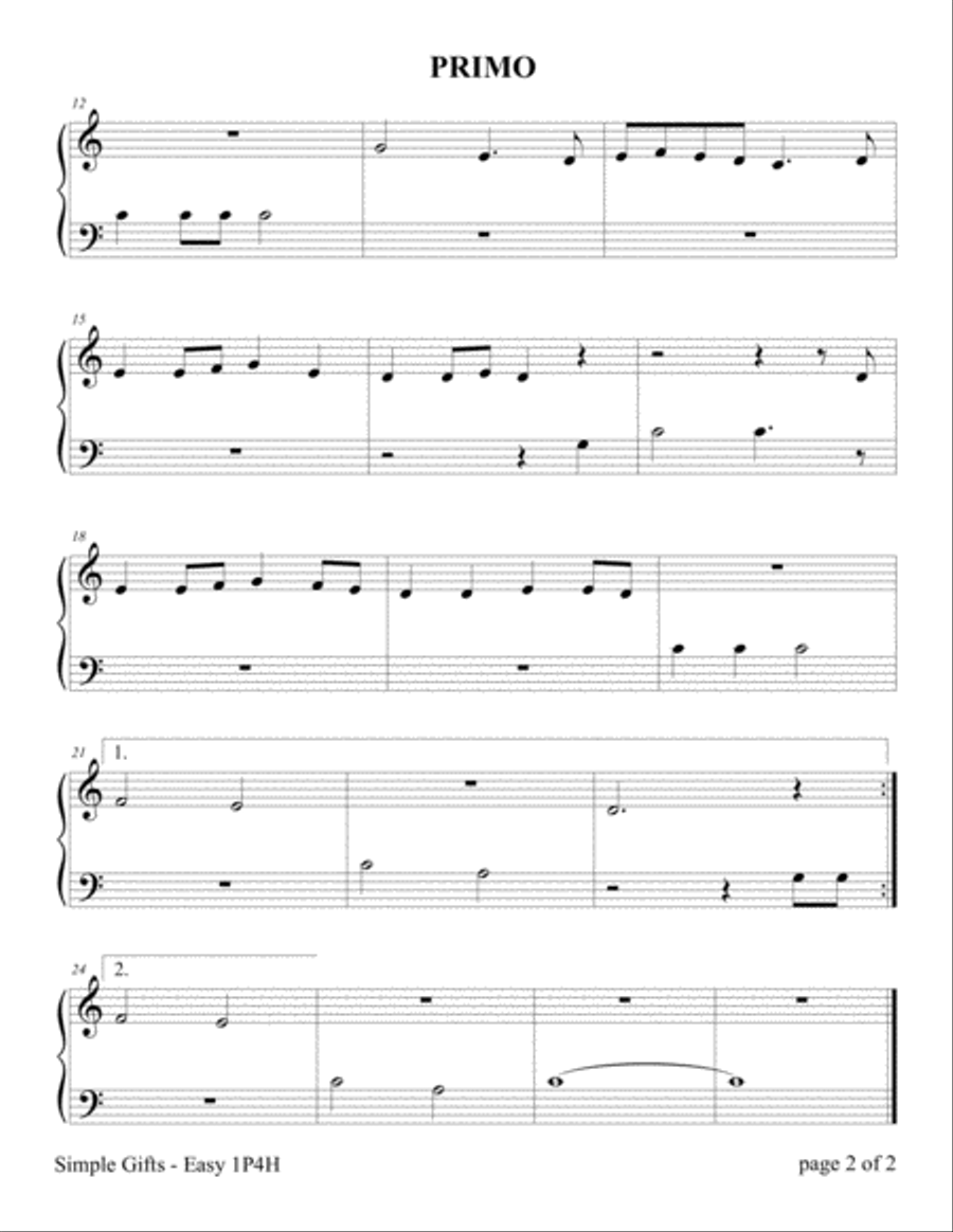 Simple Gifts (Easy Piano Duet; 1 Piano, 4 Hands) Easy Piano scores gallery preview page 3
