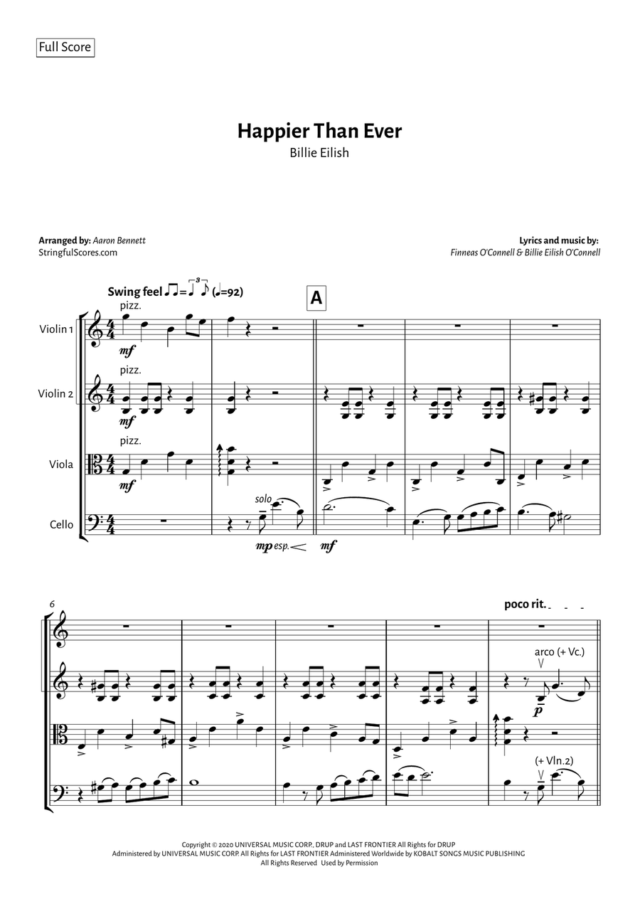Happier Than Ever String Quartet scores gallery preview page 1
