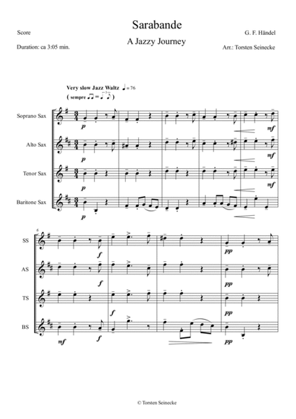 Sarabande - A Jazzy Journey (Handel - Seinecke) for Saxophone Quartet SATB image number null