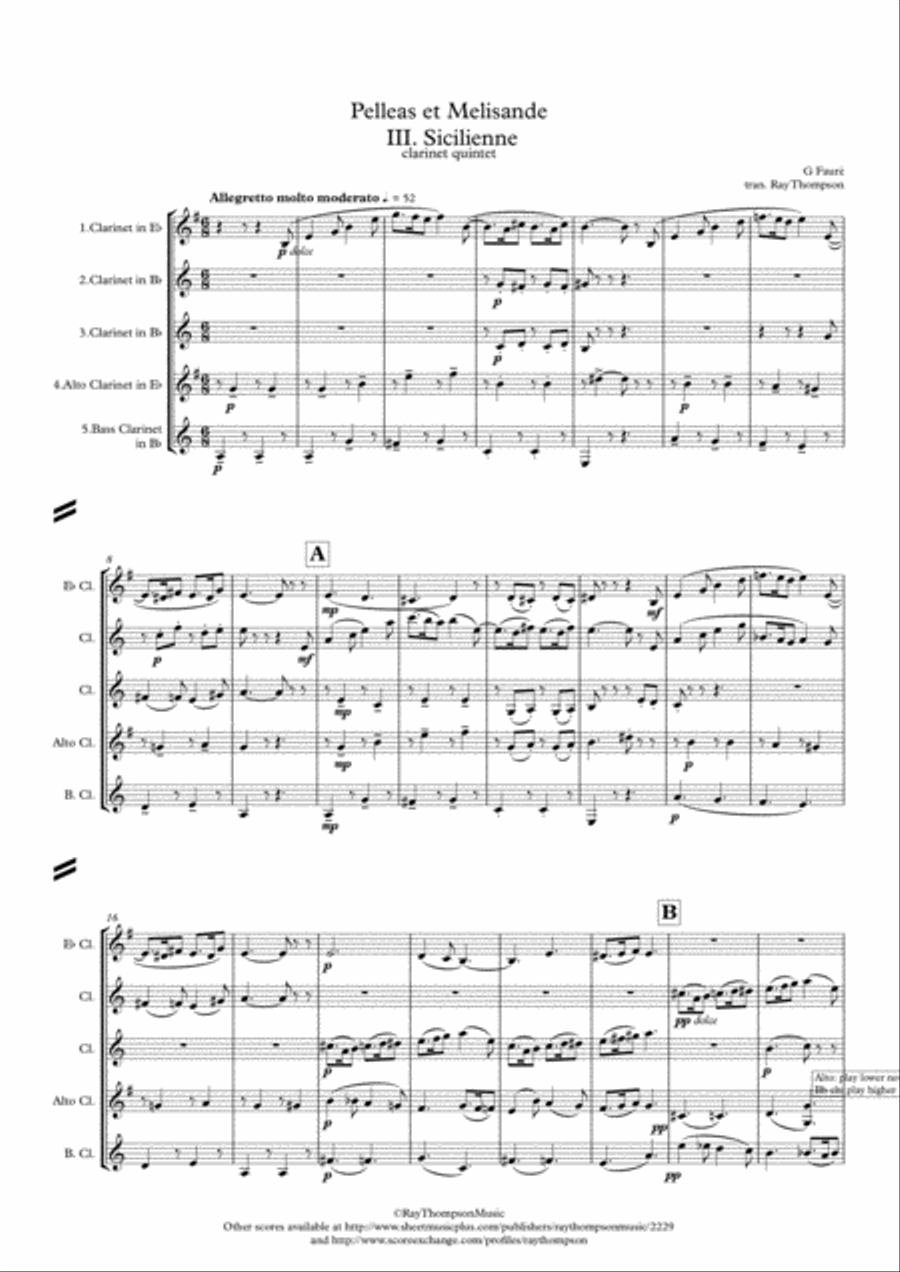Fauré: Pelleas et Melisande Op.78 III. Sicilienne - clarinet quintet Clarinet Quintet scores gallery preview page 1