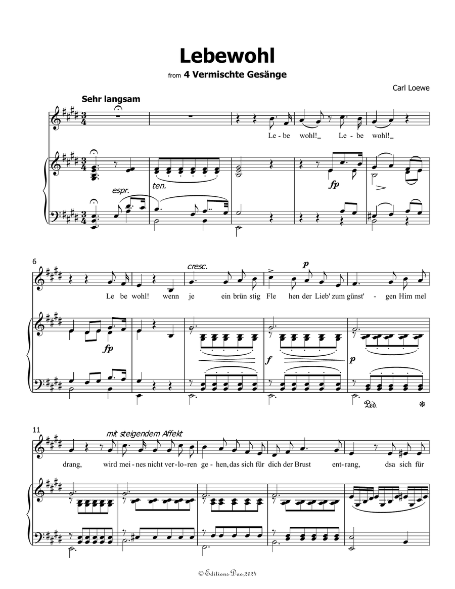 Lebewohl, by Carl Loewe, in E Major Piano, Vocal scores gallery preview page 3