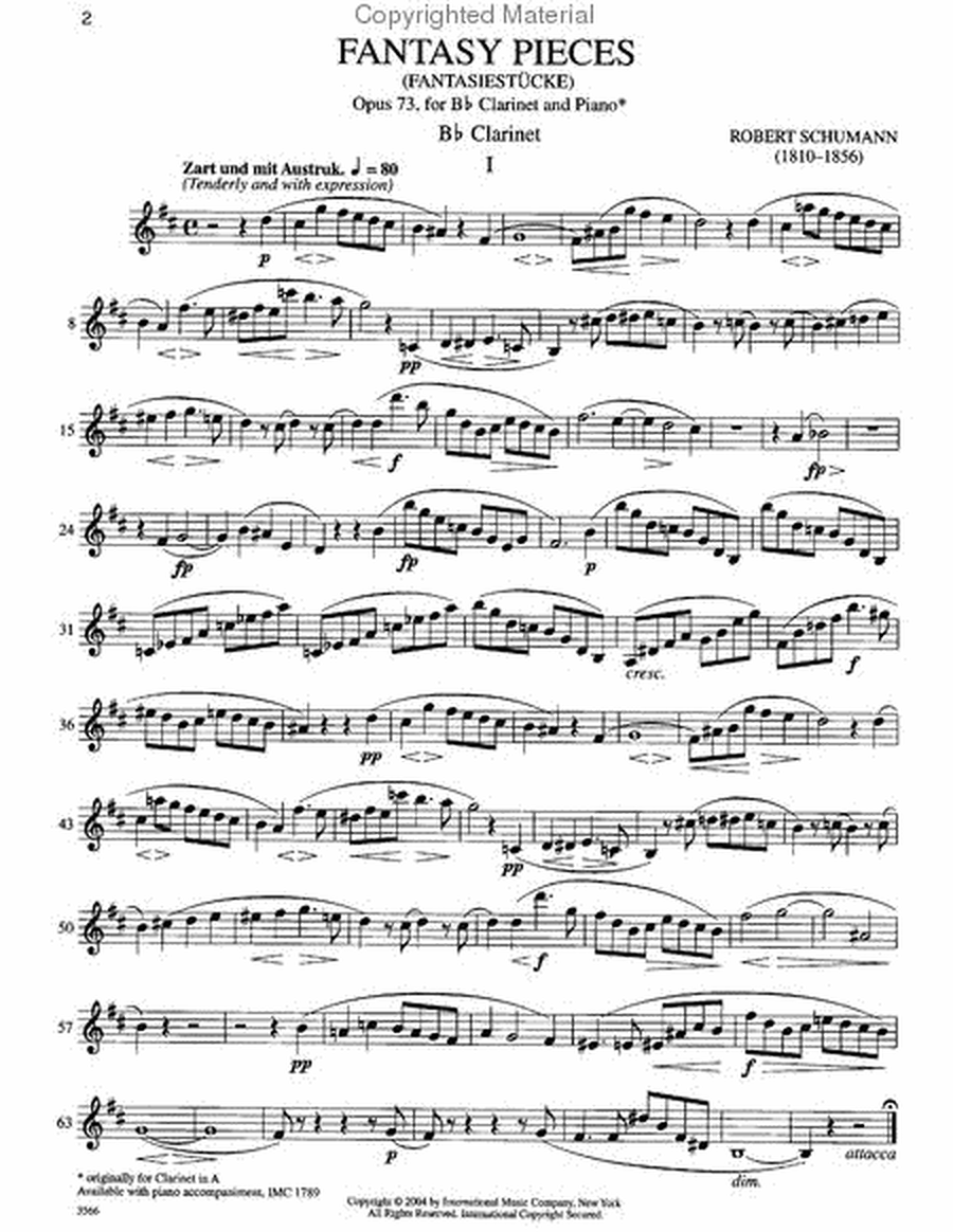 Fantasy Pieces, Opus 73, For Clarinet And Piano, Bb Clarinet Part (To Replace A Clarinet Part)