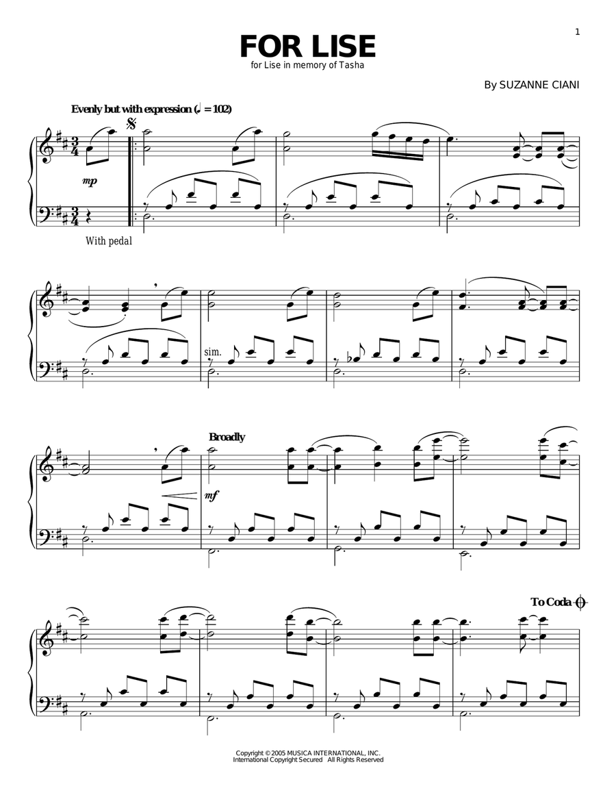 For Lise Piano Solo scores gallery preview page 1