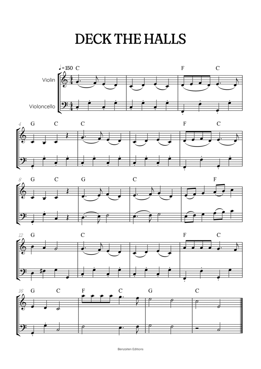 Deck the Halls for violin and cello duet • easy Christmas song sheet music with chords image number null