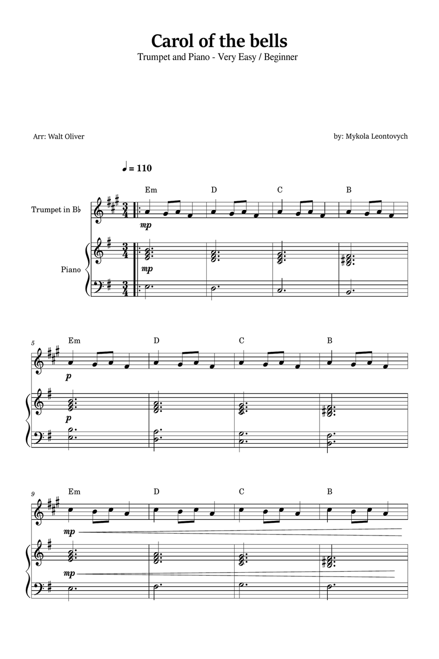 Carol of the Bells for Trumpet in Bb and Piano (Very Easy - Beginner) in E minor - With Chords B-Flat Trumpet scores gallery preview page 1