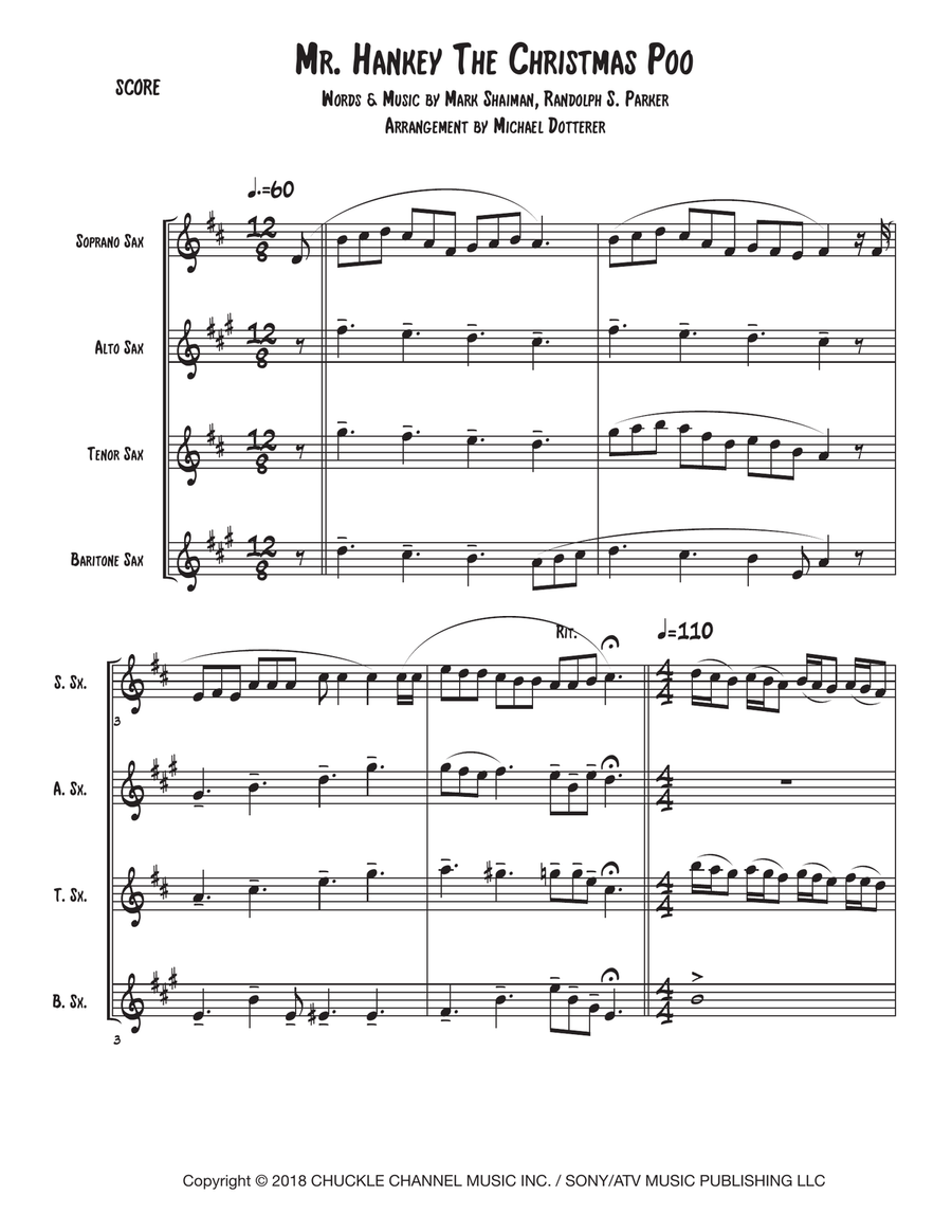 Mr. Hankey The Christmas Poo Saxophone Quartet scores gallery preview page 1