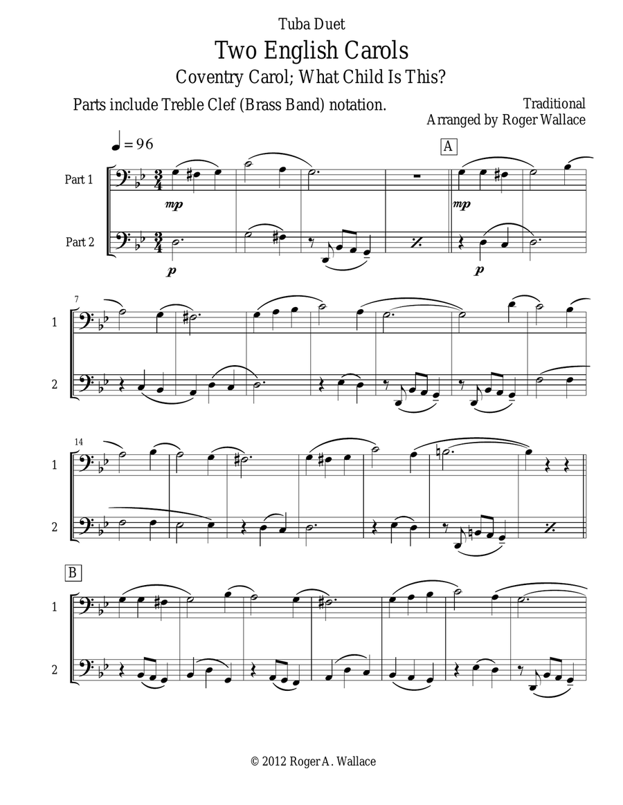 Two English Carols (Coventry Carol; What Child Is This?) - Tuba Duet Euphonium scores gallery preview page 1