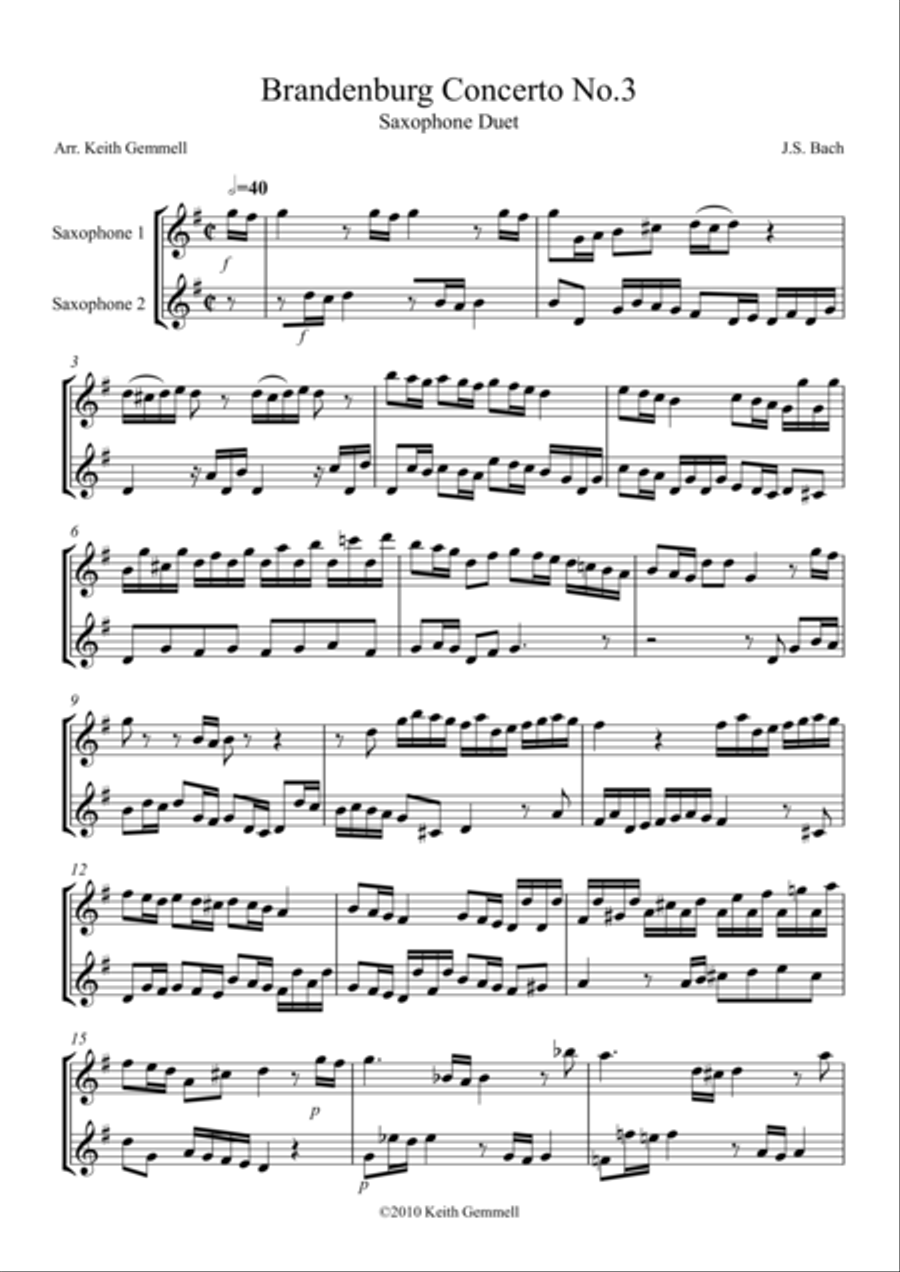 Brandenburg Concerto No. 3: Saxophone Duet Woodwind Duet scores gallery preview page 1