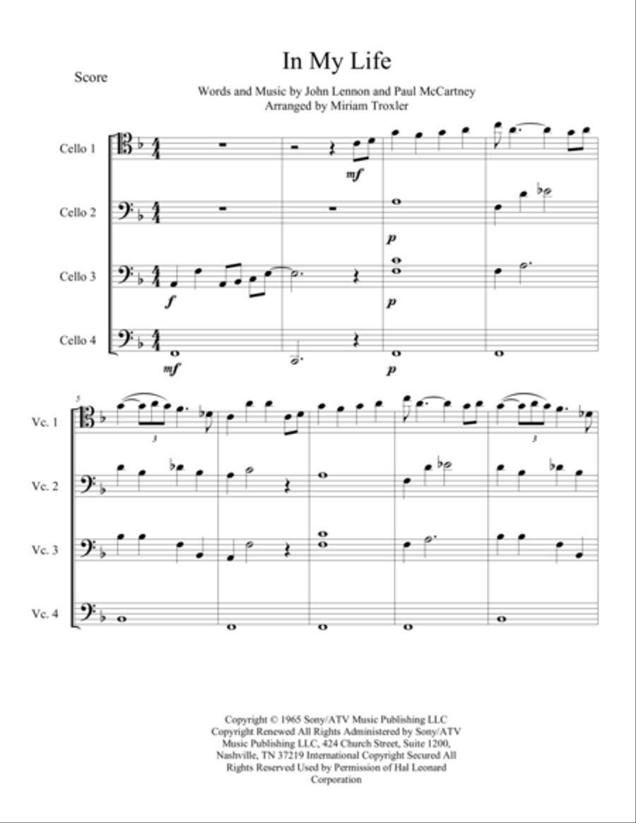 In My Life In My Life Cello scores gallery preview page 2