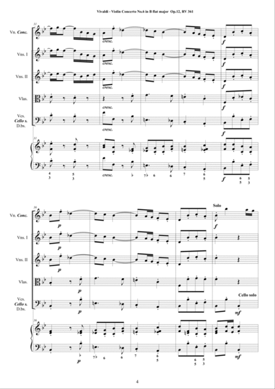 Vivaldi - Violin Concerto No.6 in B flat major Op.12 RV 361 for Violin, Strings and Cembalo Chamber Orchestra scores gallery preview page 4