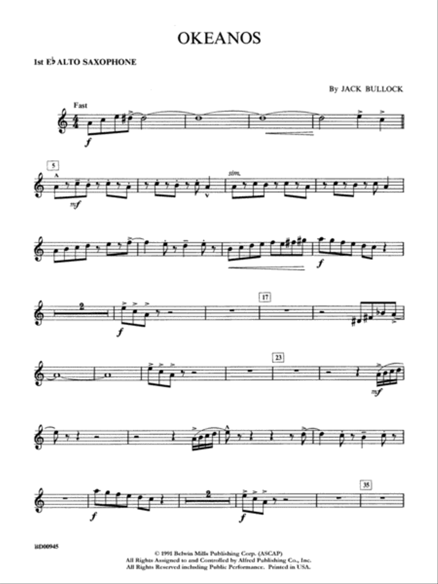Okeanos: E-flat Alto Saxophone Concert Band scores gallery preview page 1