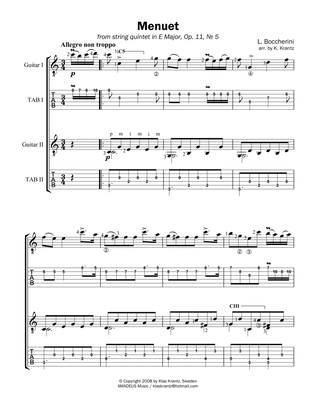 Menuet by Boccherini for easy guitar duet (TAB, abridged)