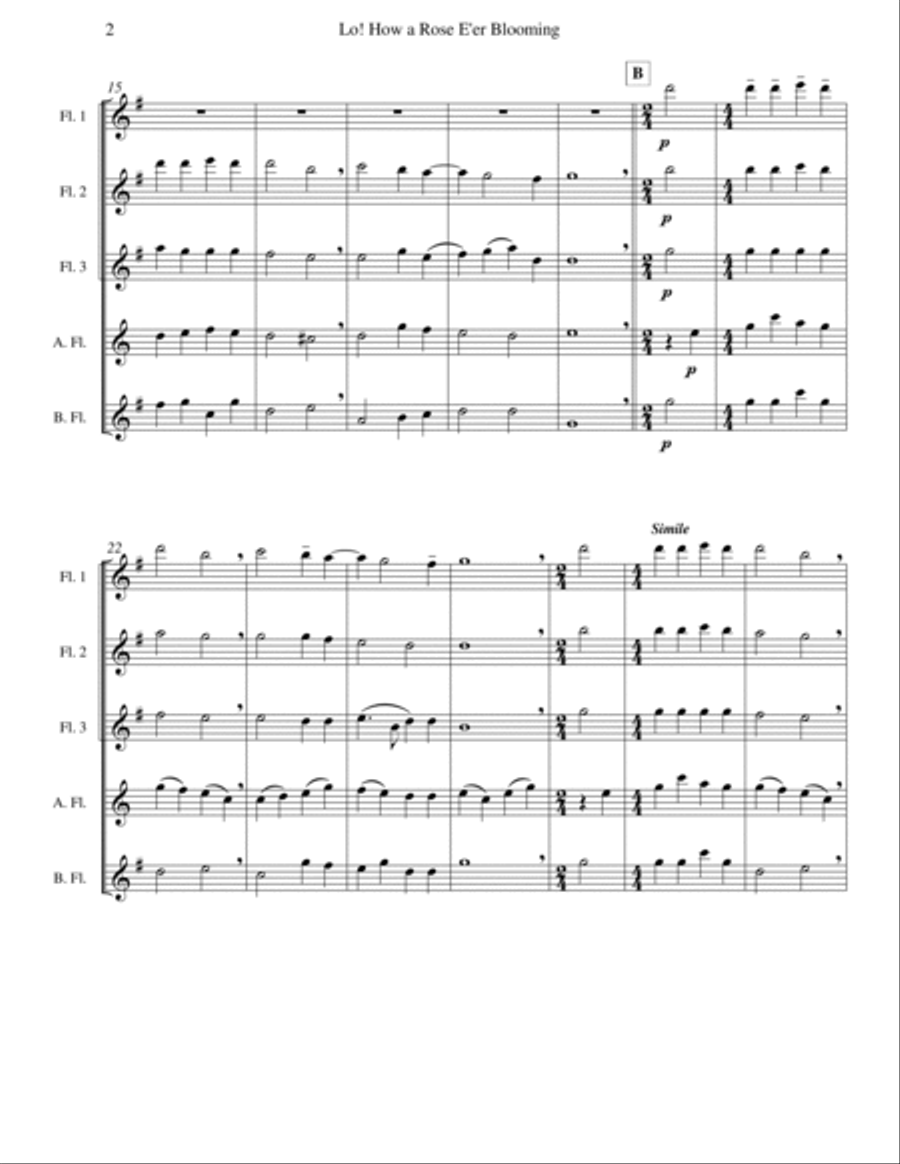 Lo! How a Rose E'er Blooming (Flute Quintet or Choir) Flute Choir scores gallery preview page 2