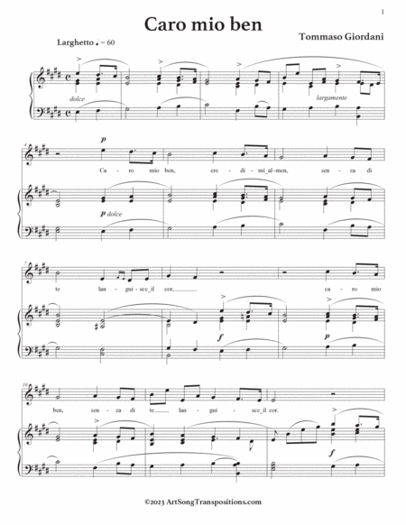 GIORDANI: Caro mio ben (transposed to F major, E major, and E-flat major)