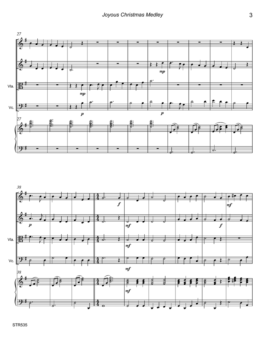 JOYOUS CHRISTMAS MEDLEY - STRING QUARTET with optional Piano (5 Carol Medley) Piano Quintet scores gallery preview page 3