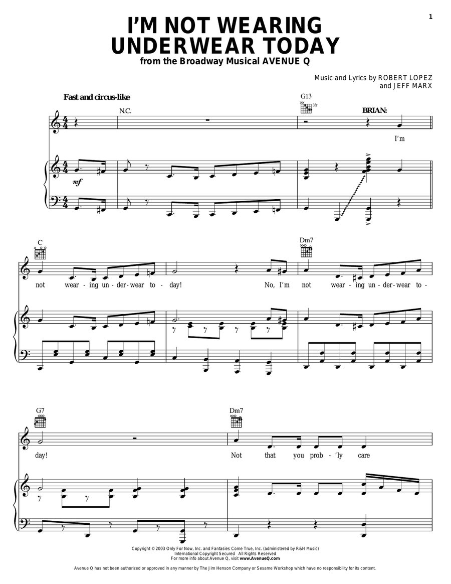 I'm Not Wearing Underwear Today (from Avenue Q) Piano, Vocal, Guitar scores gallery preview page 1