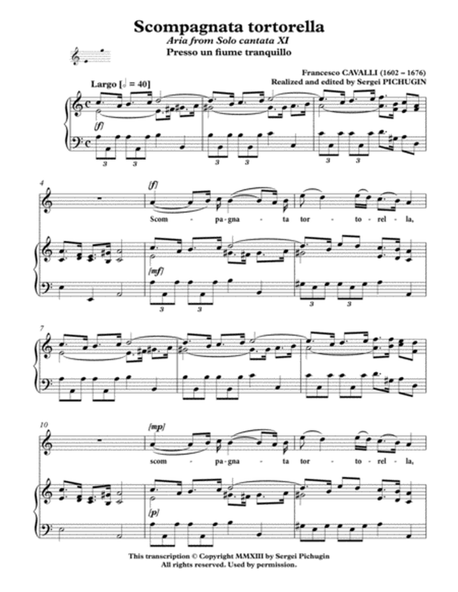 CAVALLI Francesco: Scompagnata tortorella, aria from the cantata, arranged for Voice and Piano (A mi image number null