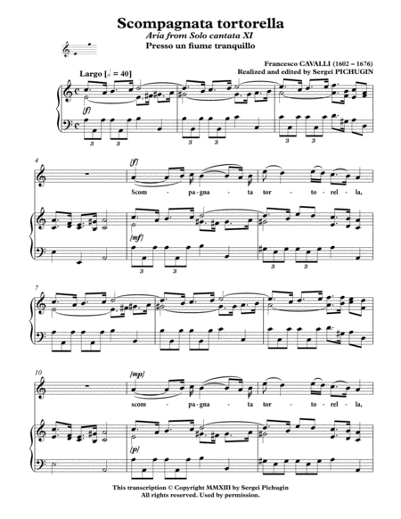 CAVALLI Francesco: Scompagnata tortorella, aria from the cantata, arranged for Voice and Piano (A mi image number null