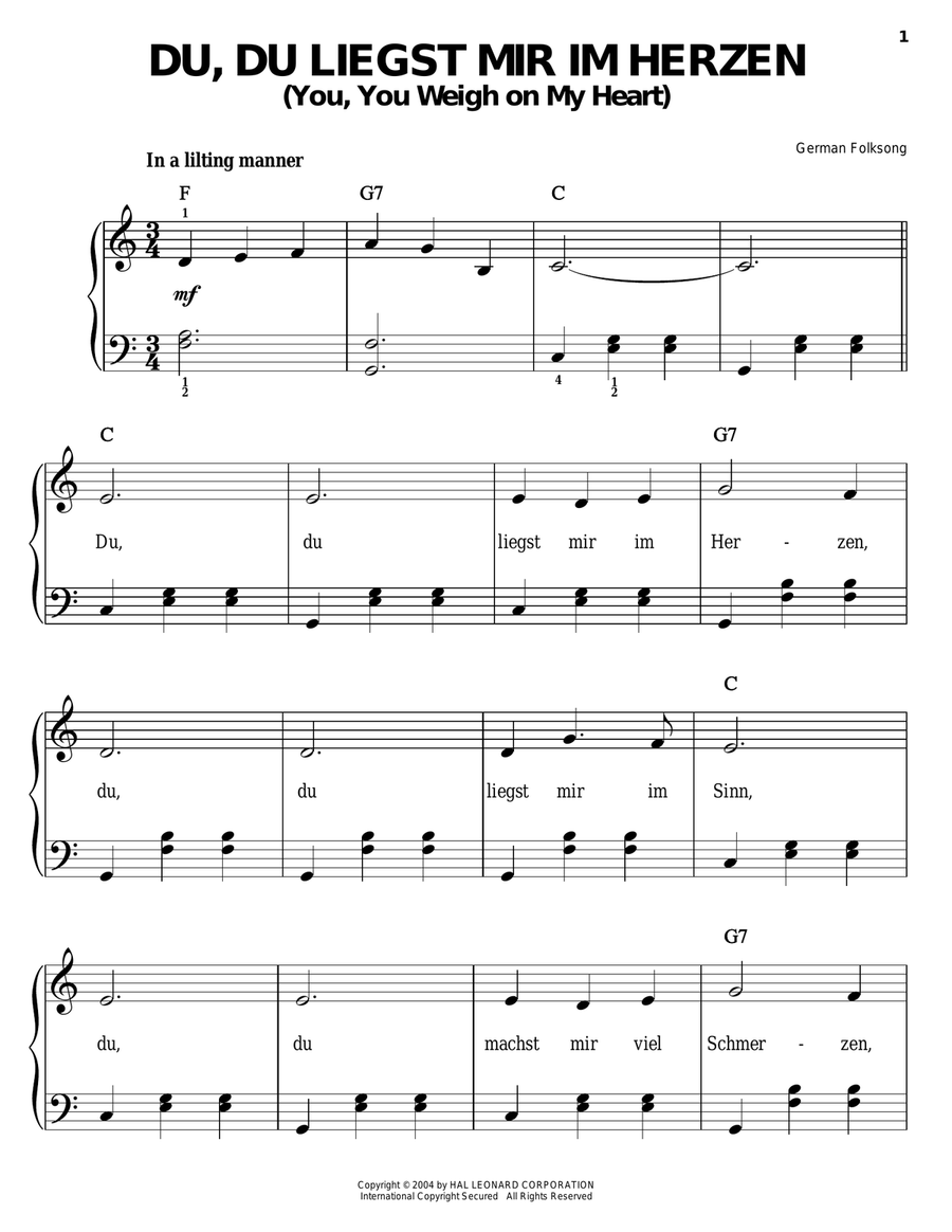 Du, Du Liegst Mir Im Herzen (You, You Weigh On My Heart) Easy Piano scores gallery preview page 1