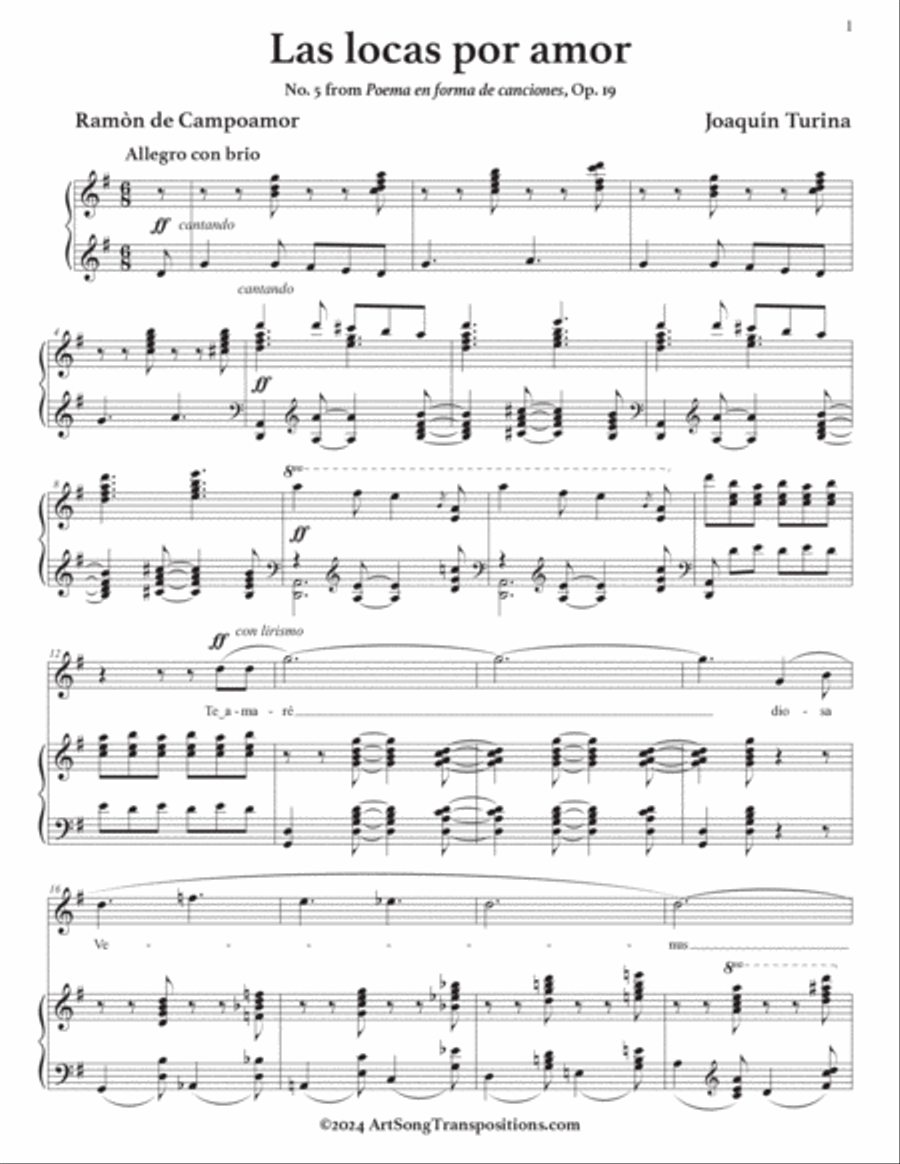 TURINA: Las locas por amor, Op. 19 no. 5 (transposed to G major) Voice scores gallery preview page 2