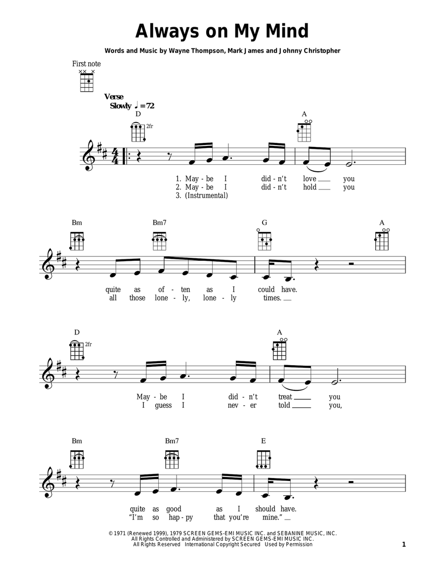 Always On My Mind by Elvis Presley Ukulele - Digital Sheet Music