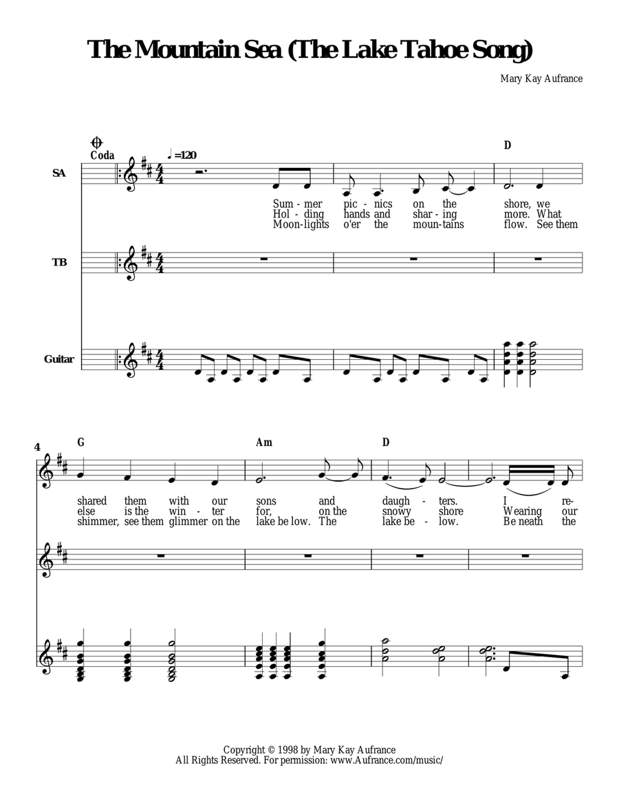 The Mountain Sea The Lake Tahoe Song 4-Part scores gallery preview page 1