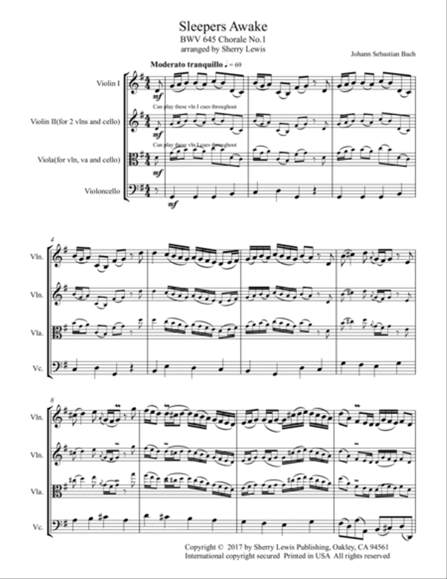 SLEEPERS AWAKE BWV 645 Chorale No.1 String Trio, Intermediate Level for 2 violins and cello or violi image number null