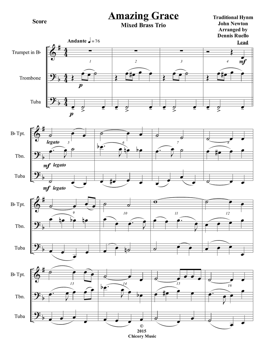 Amazing Grace - Mixed Brass Trio (Trumpet, Trombone, Tuba) - Jazz Funeral Style Brass Trio scores gallery preview page 1