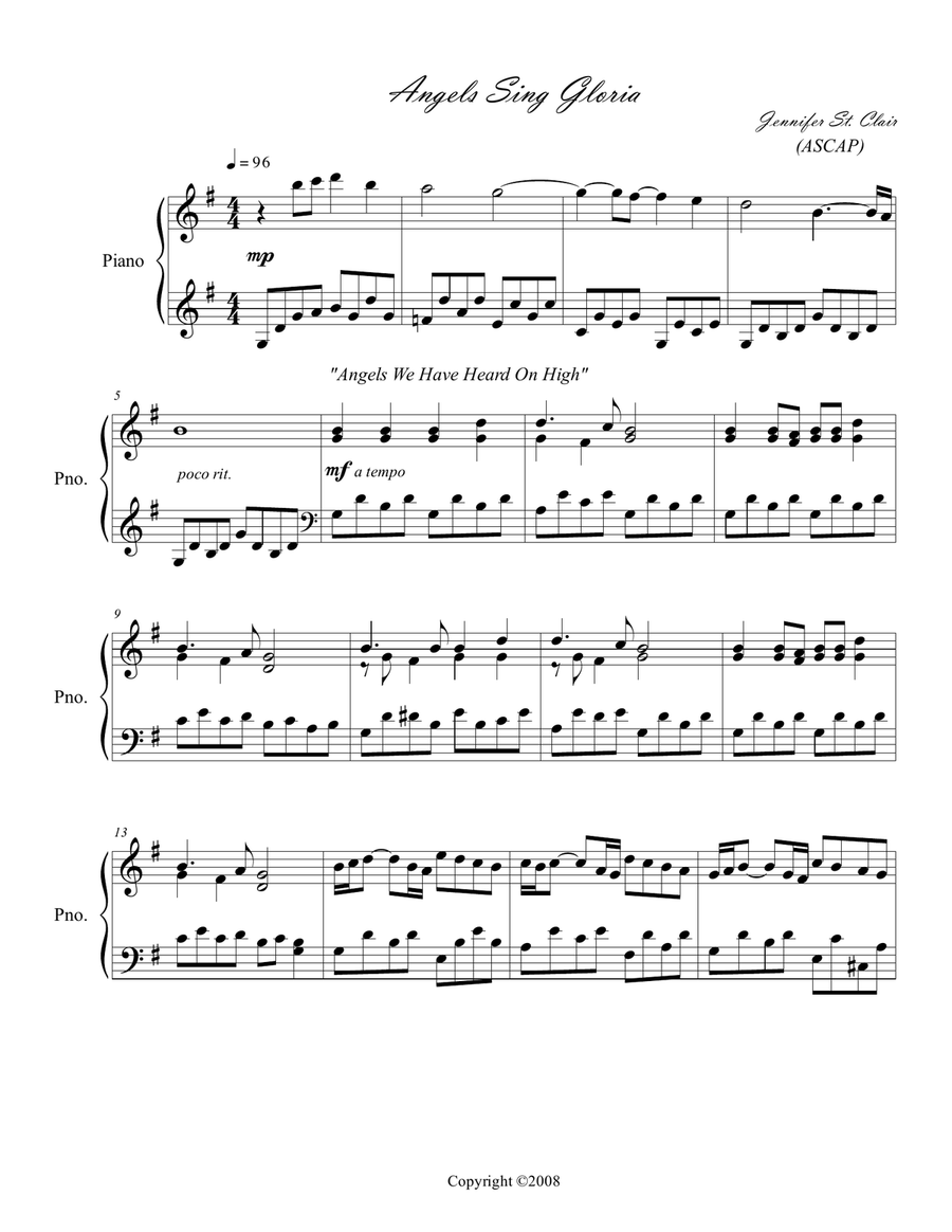 Angels Sing Gloria Piano Solo - Digital Sheet Music