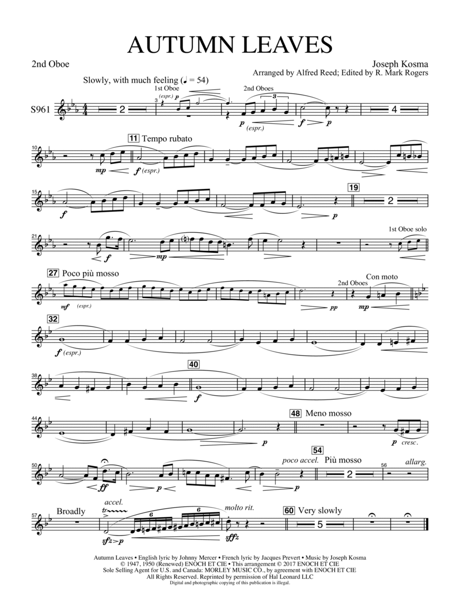 Autumn Leaves (Les feuilles mortes) - Oboe 2 Concert Band scores gallery preview page 1