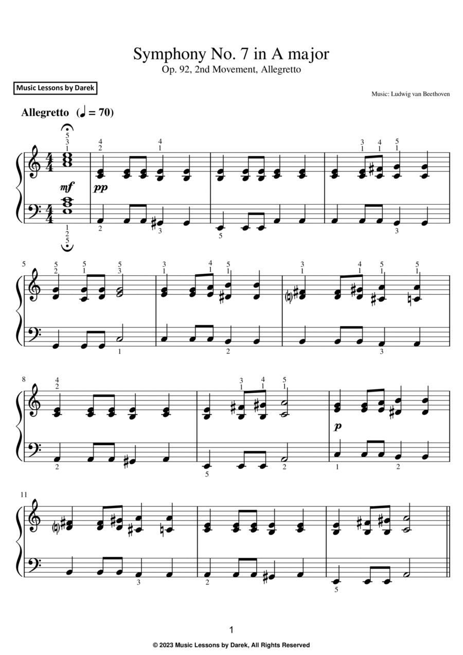 Symphony No. 7 in A major (EASY PIANO) Op. 92, 2nd Movement, Allegretto [Ludwig van Beethoven] Easy Piano scores gallery preview page 1
