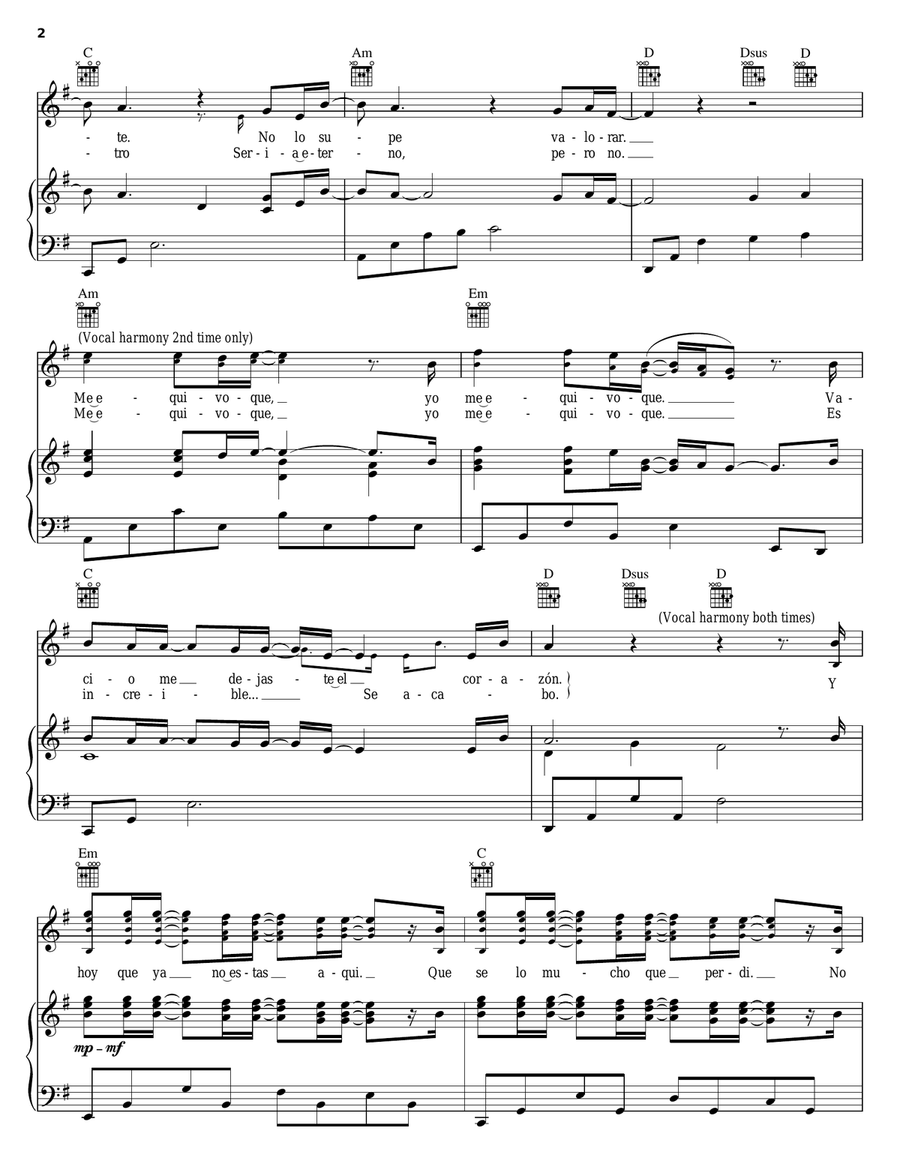 Hoy Que Ya No Estas Aqui Piano, Vocal, Guitar scores gallery preview page 2