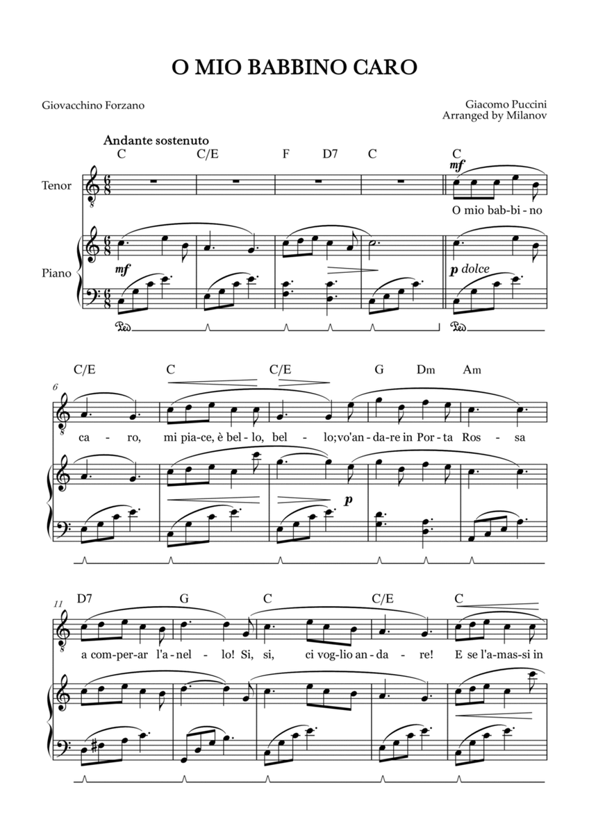 O Mio Babbino Caro | Male Voice Tenor | C Major | Piano accompaniment | Pedal | Chords image number null