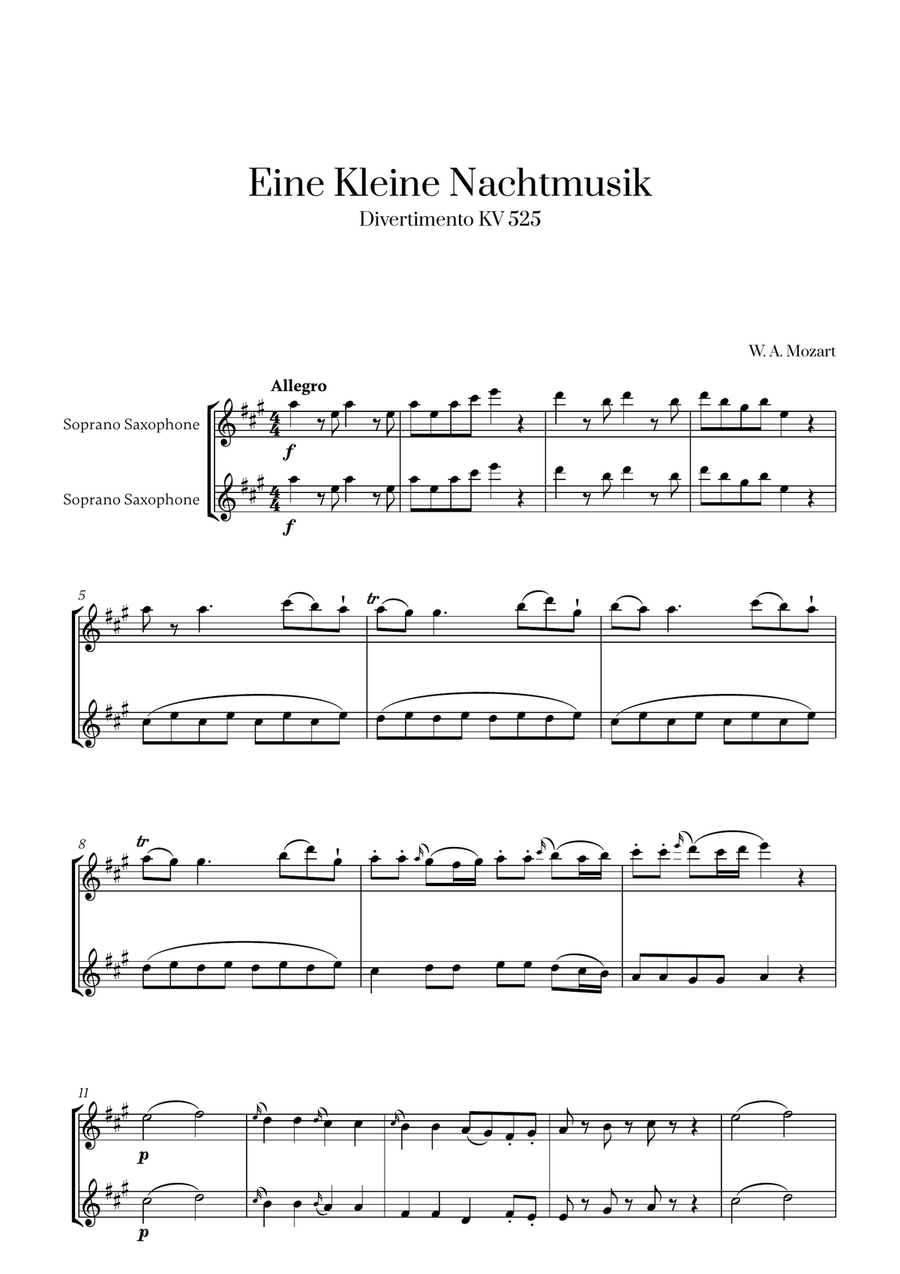 W. A. Mozart - Eine Kleine Nachtmusik (for Soprano Saxophone Duet) Woodwind Duet scores gallery preview page 1