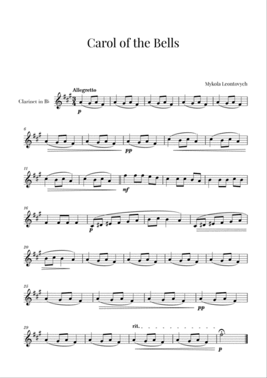 Carol of The Bells for Clarinet Clarinet Solo scores gallery preview page 1