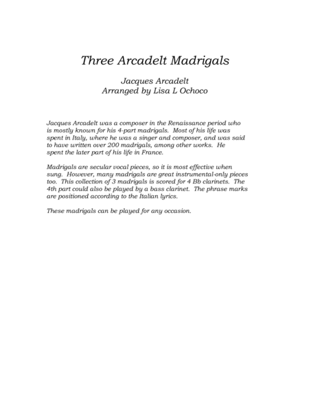 Three Arcadelt Madrigals for Clarinet Quartet image number null