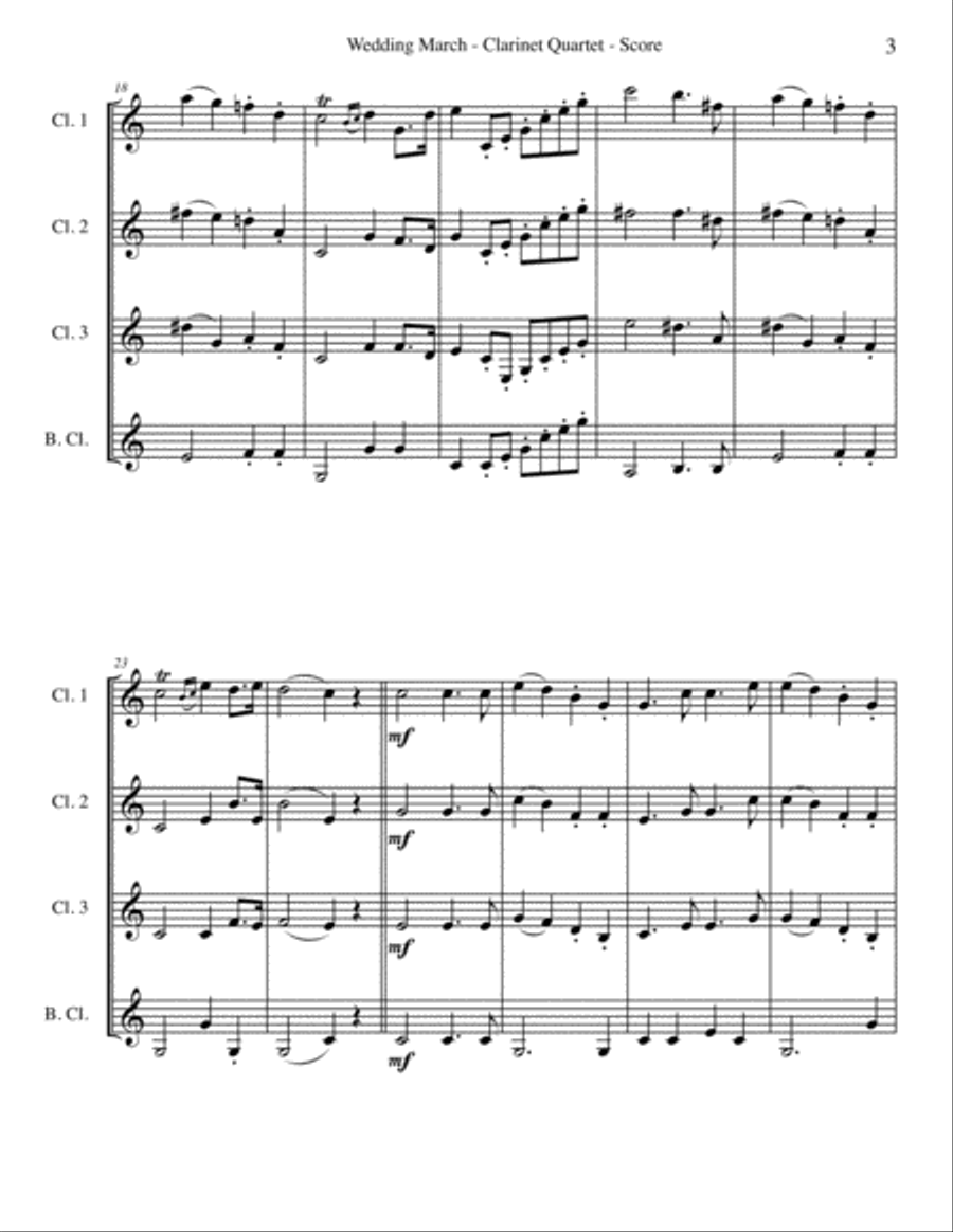 Mendelssohn Wedding March from A Midsummer Night's Dream for Clarinet Quartet Clarinet Quartet scores gallery preview page 3