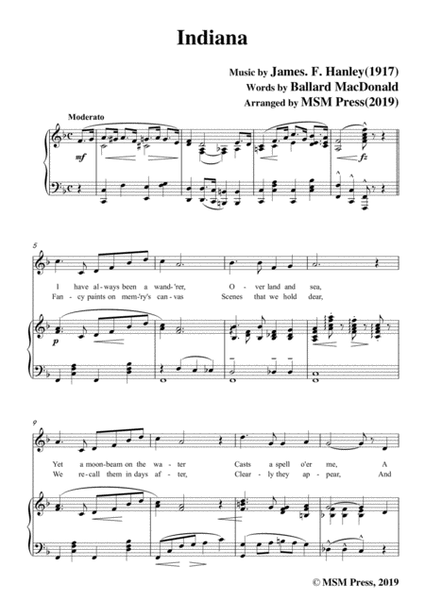 James F. Hanley-Indiana,in F Major,for Voice and Piano image number null
