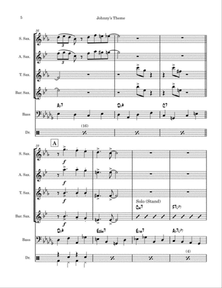 Johnny's Theme Saxophone Quartet scores gallery preview page 5