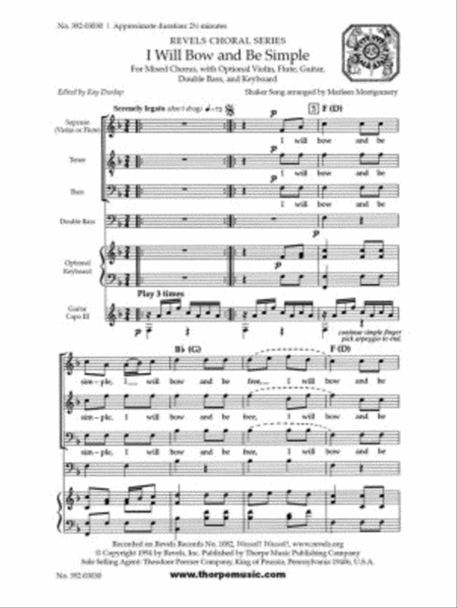 I will bow and be simple by shaker hymn choir sheet music sheet