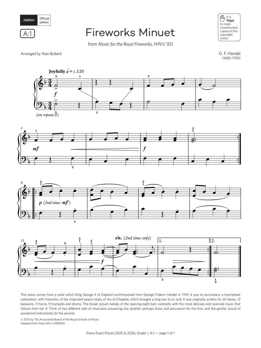 Fireworks Minuet (Grade 1, list A1, from the ABRSM Piano Syllabus 2025 & 2026) Piano Method scores gallery preview page 1