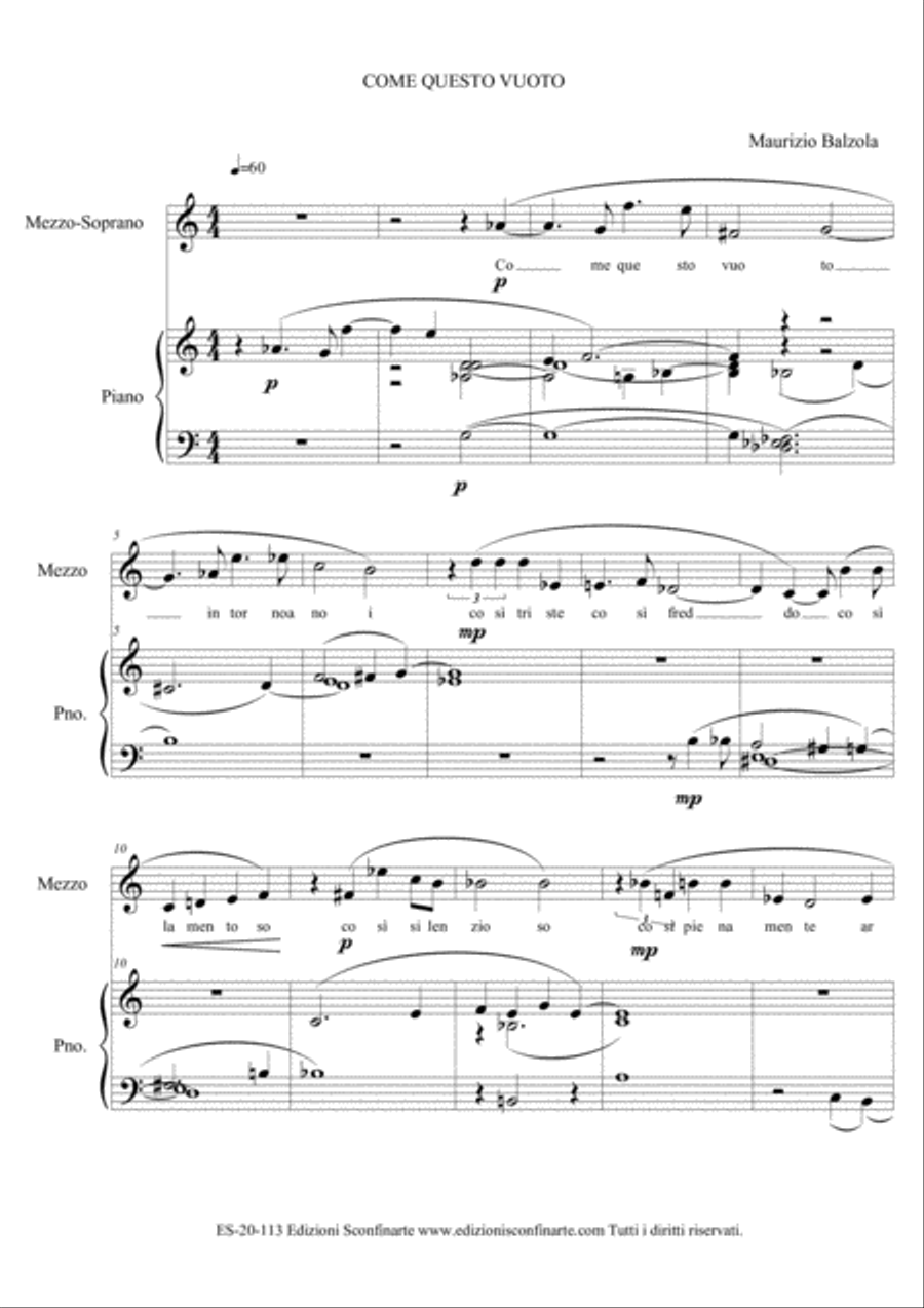 Maurizio Balzola: COME QUESTO VUOTO (ES-20-113) per mezzosoprano e pianoforte