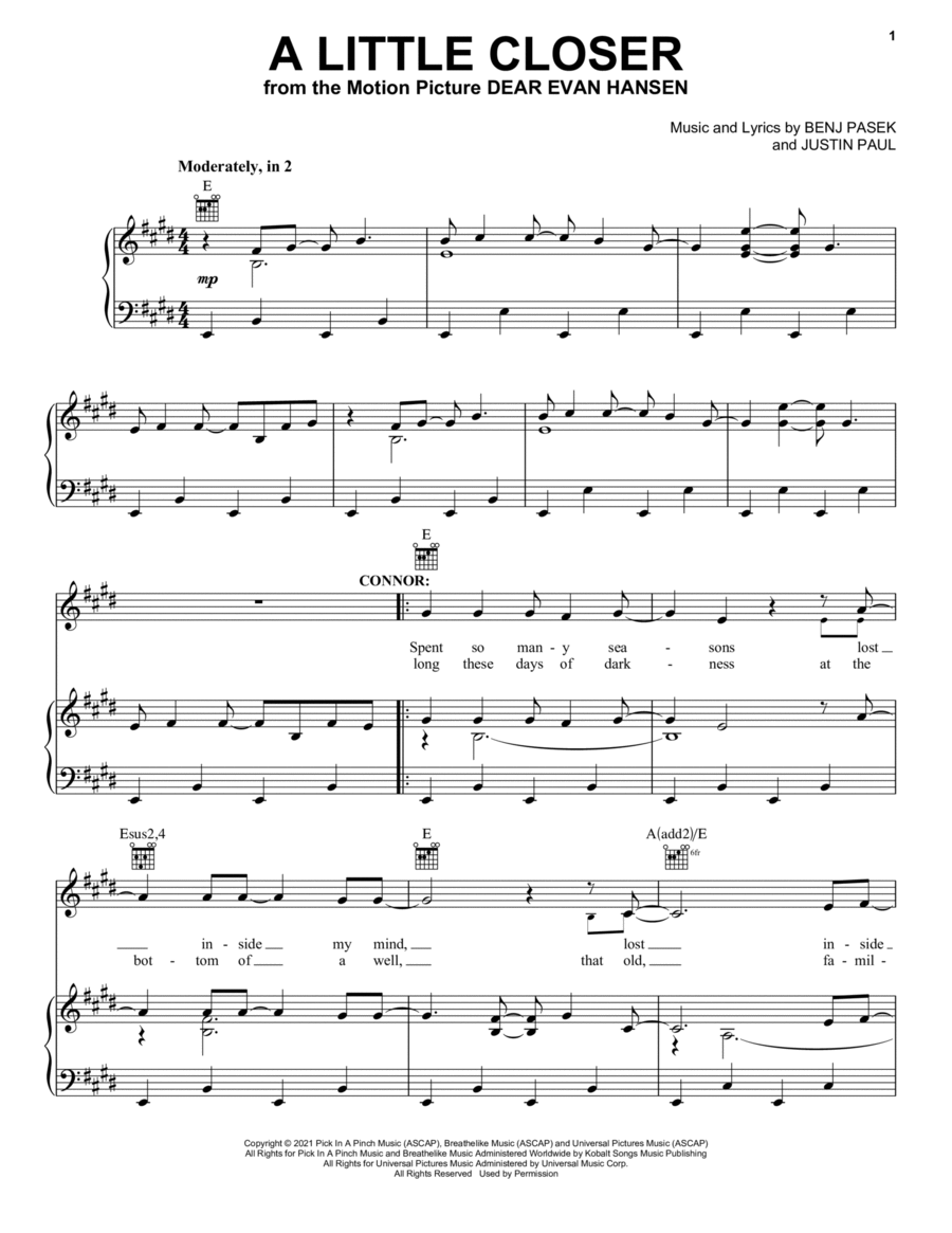 A Little Closer (from Dear Evan Hansen) Piano, Vocal, Guitar scores gallery preview page 1
