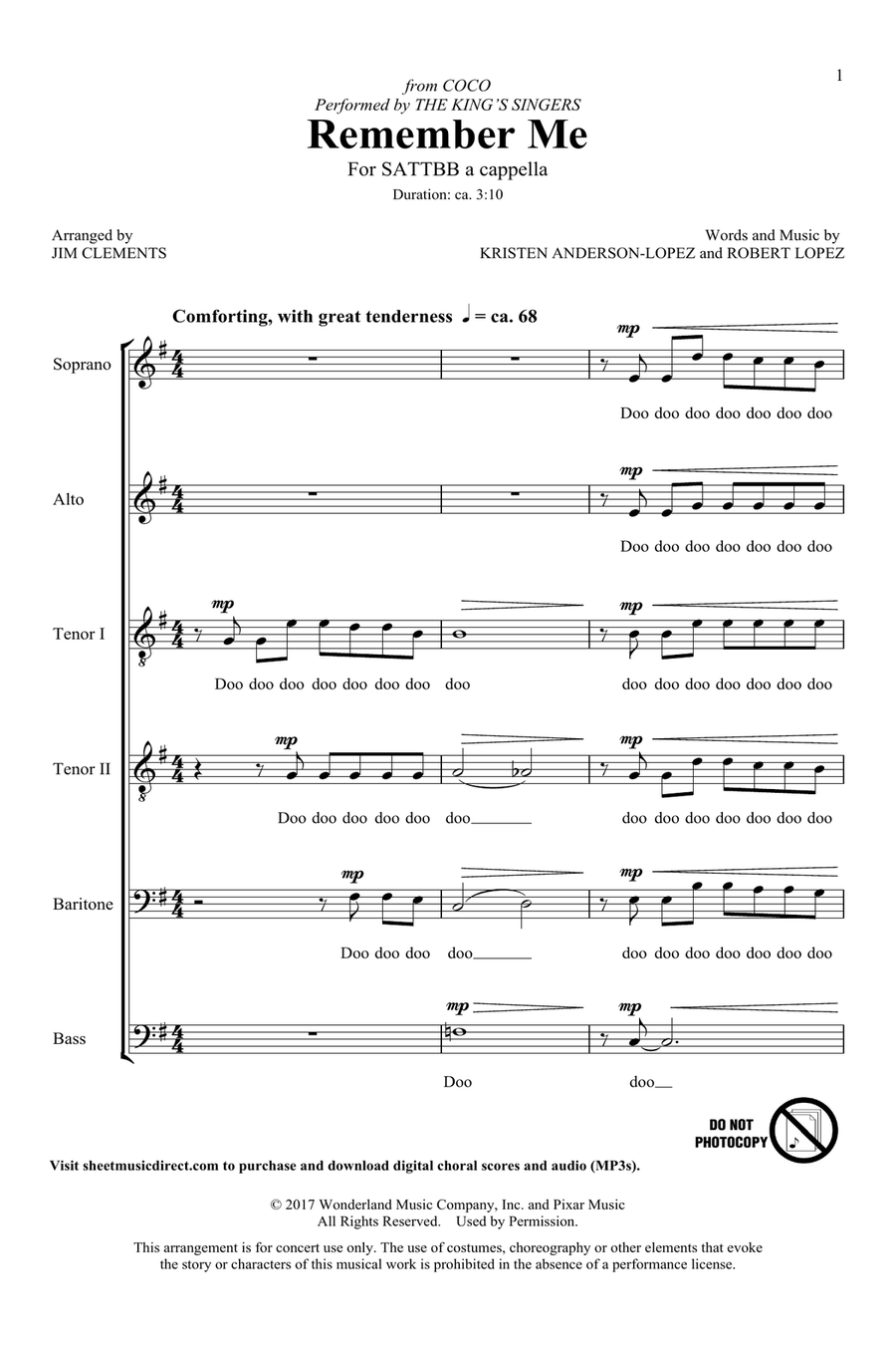 Remember Me (Ernesto de la Cruz) (from Coco) (arr. Jim Clements) 4-Part scores gallery preview page 1