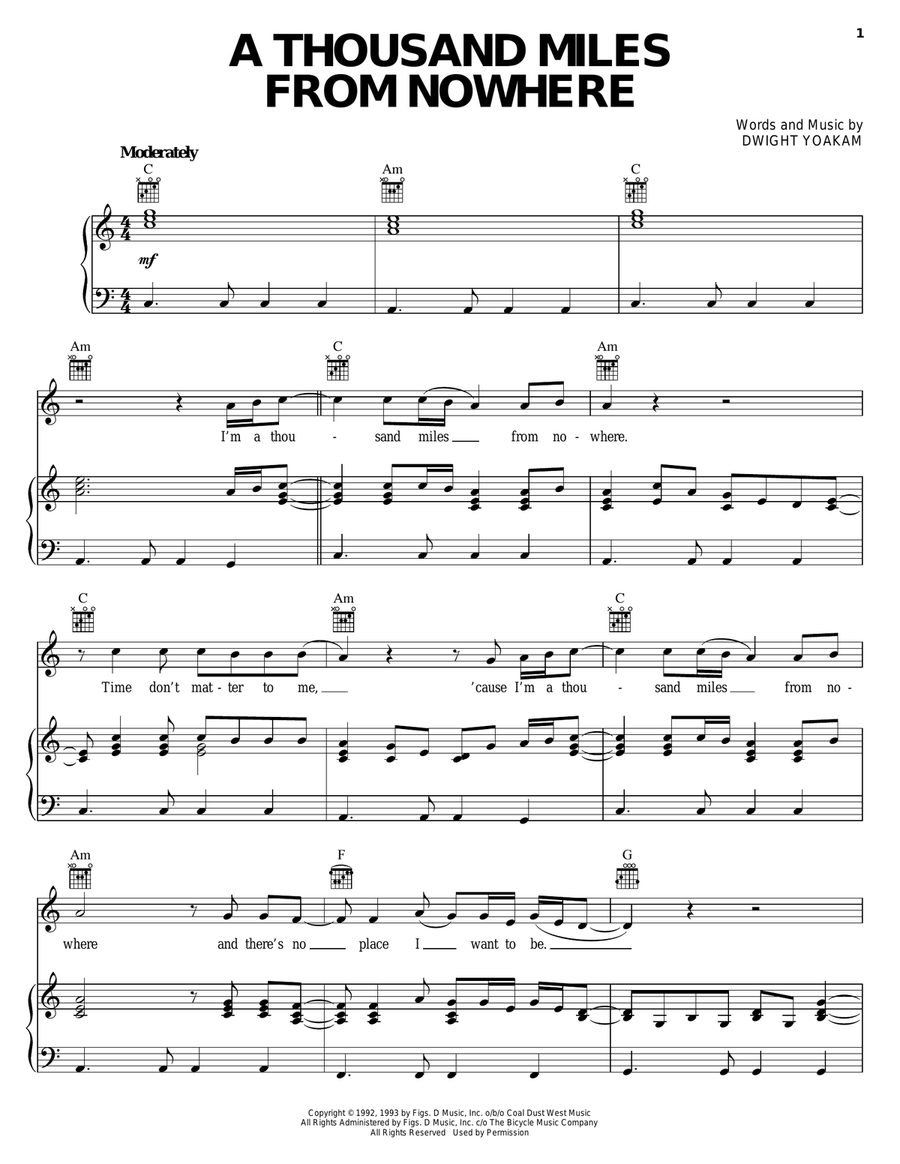 A Thousand Miles From Nowhere Piano, Vocal, Guitar scores gallery preview page 1